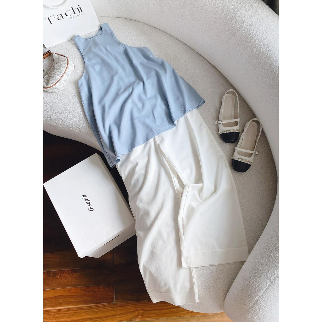 SET ÁO SÁT NÁCH XANH XẺ LƯNG NÚT BỌC + QUẦN SUÔNG TRẮNG (TH)