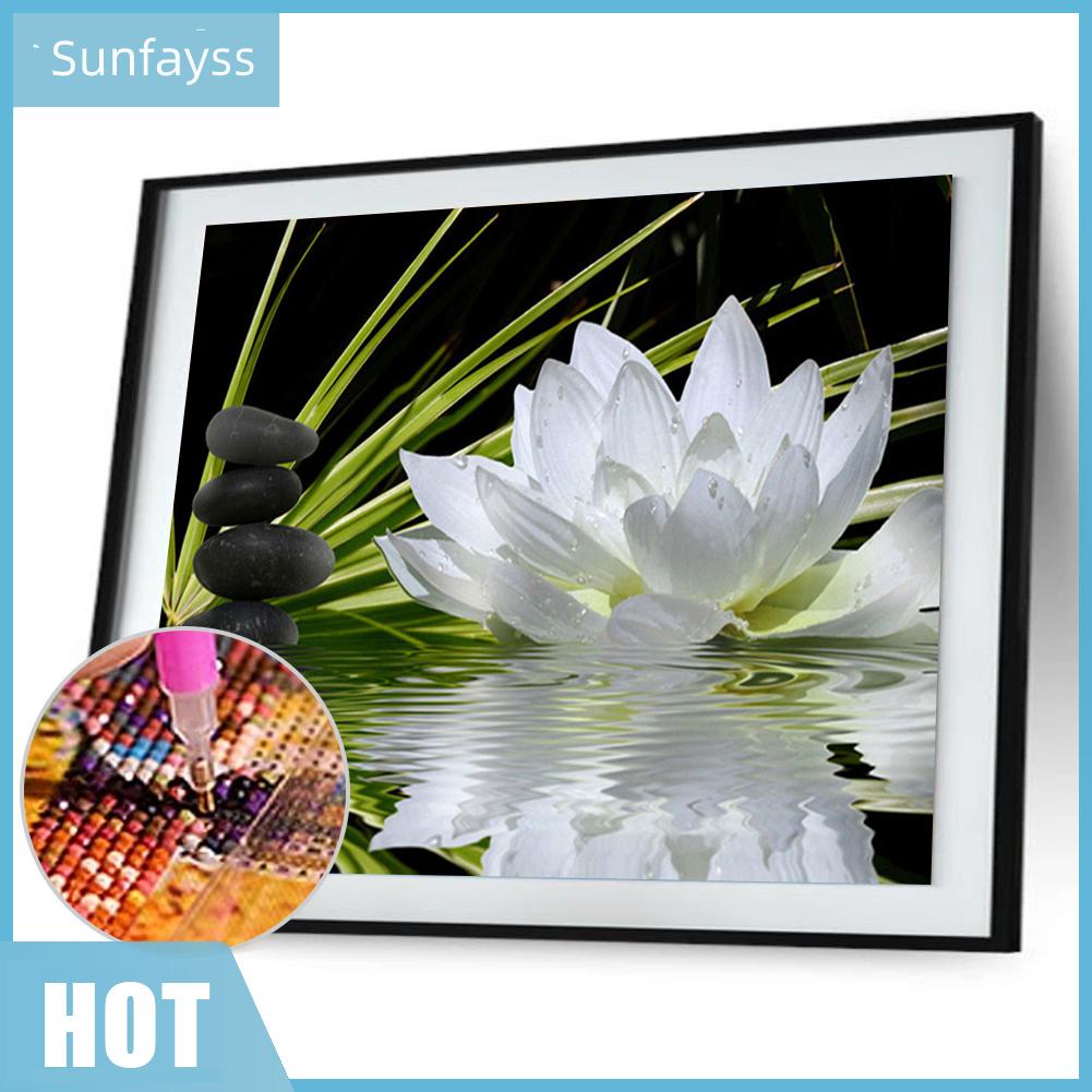 Tranh Đính Đá 5d Tự Làm Hình Hoa Sen Trắng 40x30cm