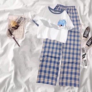 bst áo thun croptop viền xanh hộp sữa bò + quần kẻ caro xanh lá ống rộng