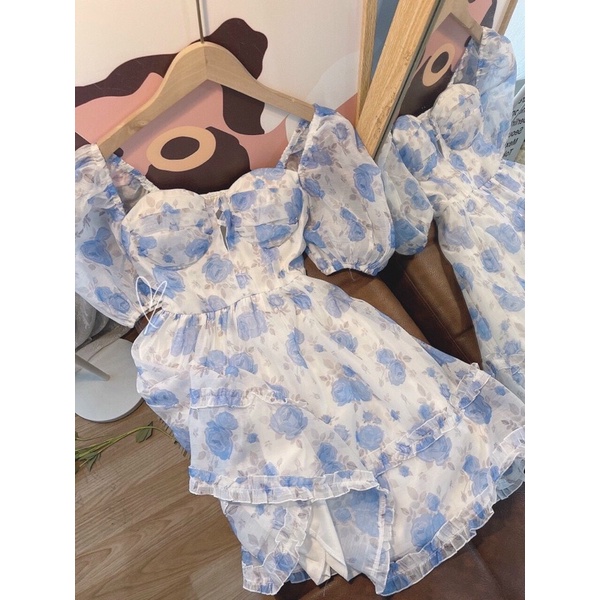 ĐẦM HOA XANH TAY BÚP ĐAN NGỰC TẦNG BÈO