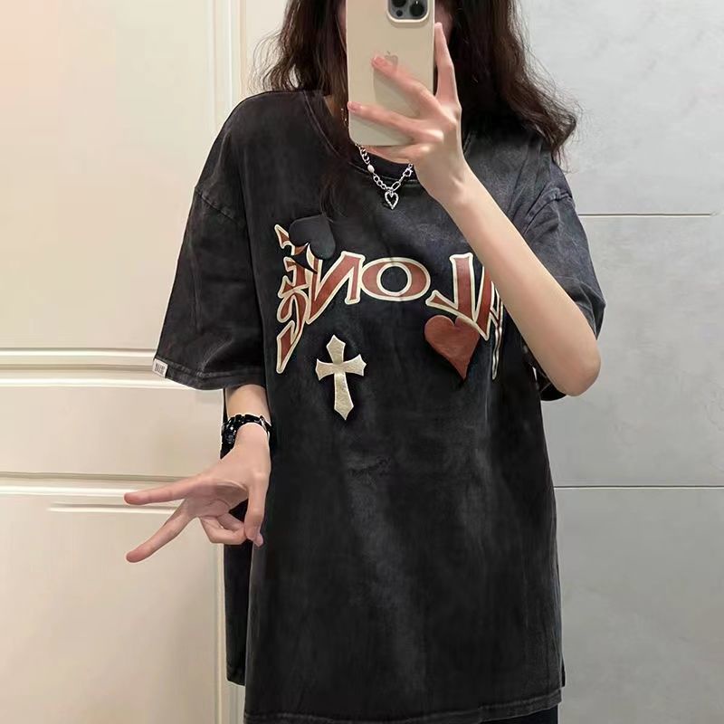 Áo Thun 100% Cotton Tay Ngắn Dáng Rộng In Hình Lá Bài Tây Giặt Được Thời Trang Retro Cho Nữ