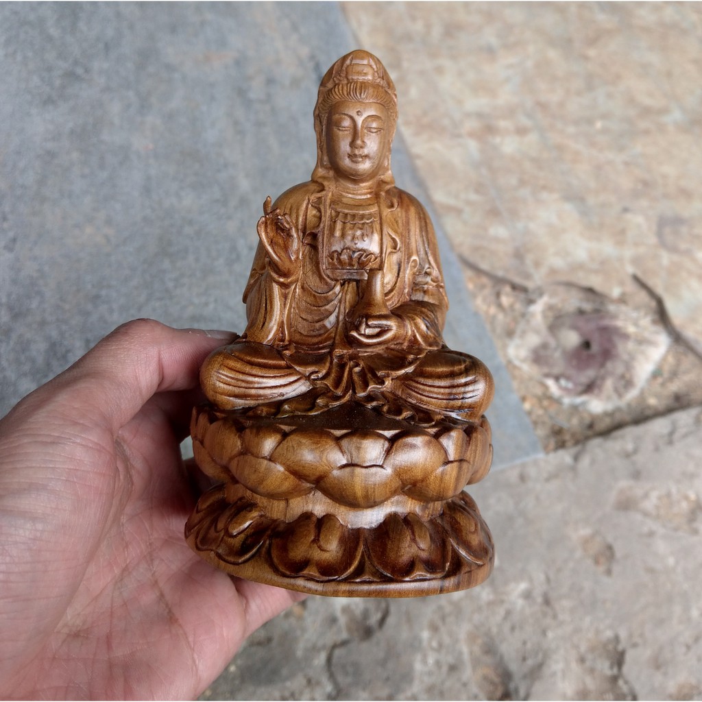 Tượng Phật Quan Âm Mini - Tượng Để Xe Hơi - Tượng Trang Trí Oto - Gỗ Bach Xanh - Cao 16cm