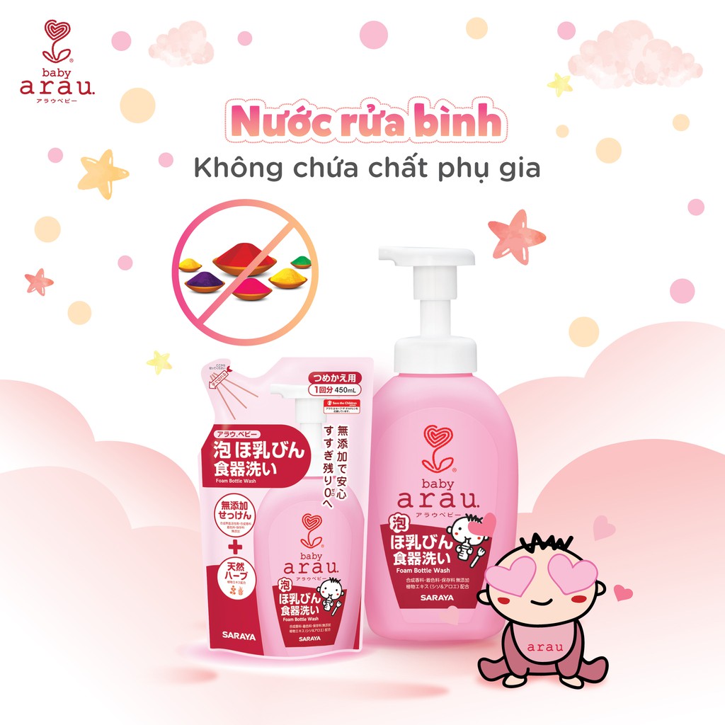 Nước rửa bình Arau baby Nhật Bản bình 500ml sử dụng được cho tất cả các sản phẩm của bé như bình, núm vú giả, bát dĩa ăn