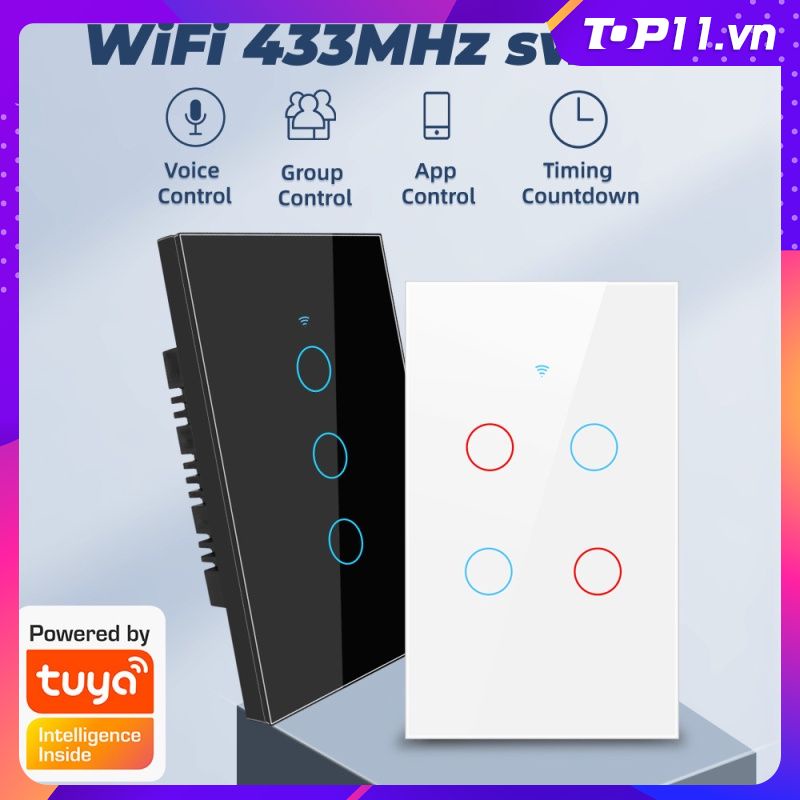 Công tắc cảm ứng Tuya smart Switch Wifi+RF433 Thông Minh Cảm Ứng Ánh Sáng 100-240V 1/2/3/4gang US Alexa google home