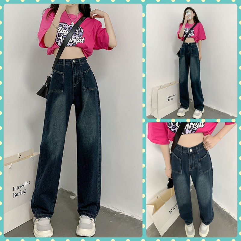 QUẦN JEANS ỐNG RỘNG NỮ LƯNG CAO 2 TÚI THANG TRƯỚC XANH ĐẬM PHUN THỜI TRANG TRẮNG ĐÙI DÀY DẶN MỀM MỊN HADI