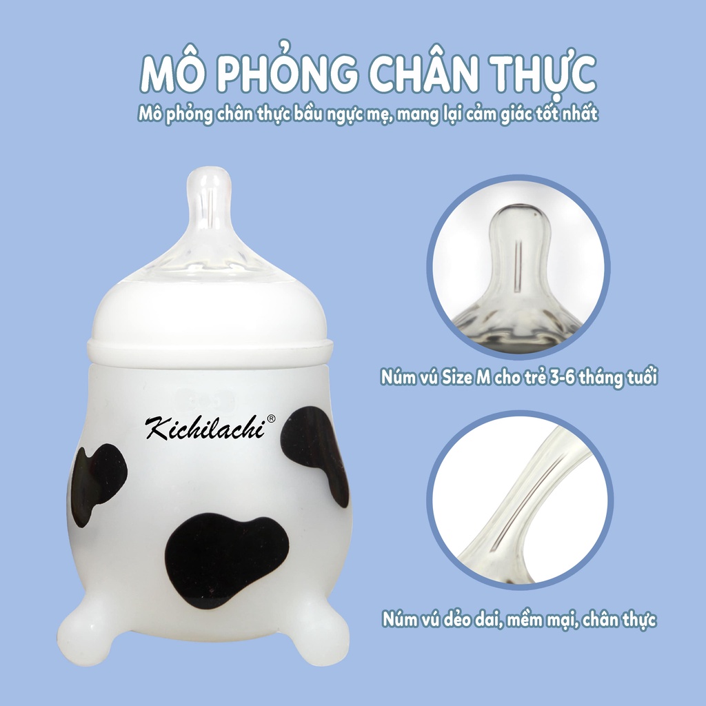  Bình sữa hình bò Kichilachi núm ti silicon siêu mềm cho bé 180ml/ 240ml