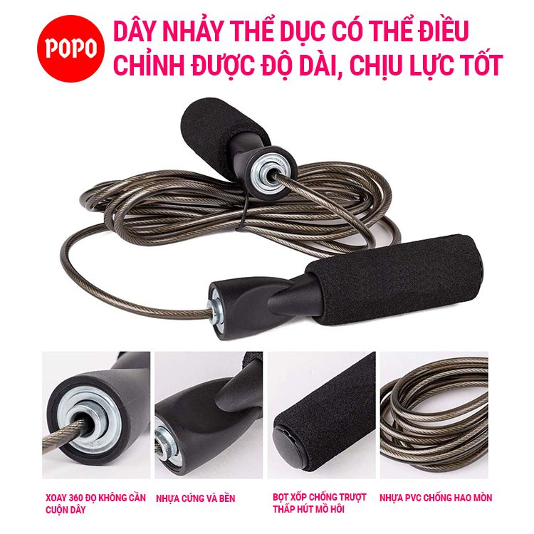 Dây nhảy thể dục dây POPO TS1 lõi dây PVC 6mm, tay nắm bọt xốp thoáng khí dây nhảy thể lực, thể dục, tập Gym, boxing