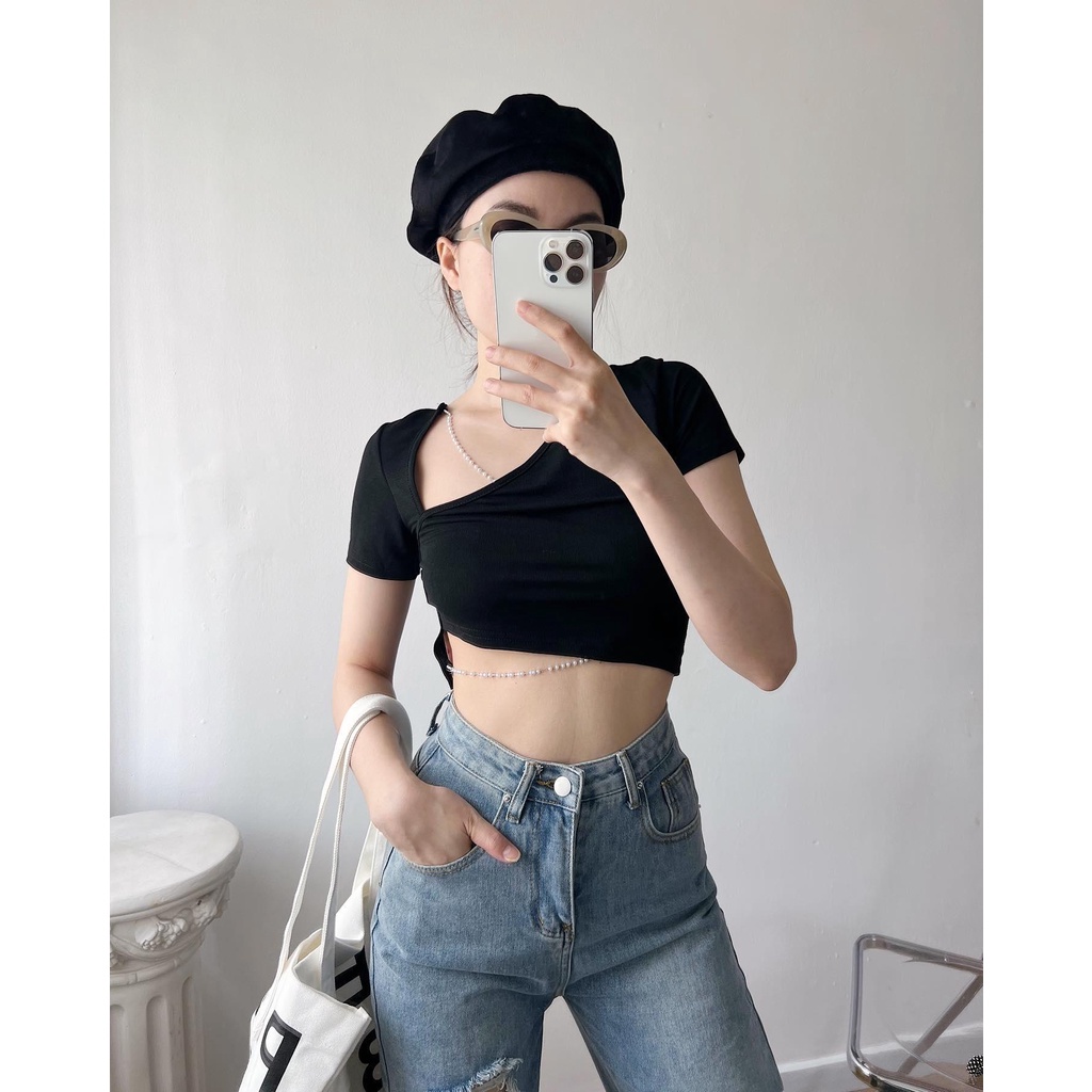 Áo crop thun dây xích ĐEN
