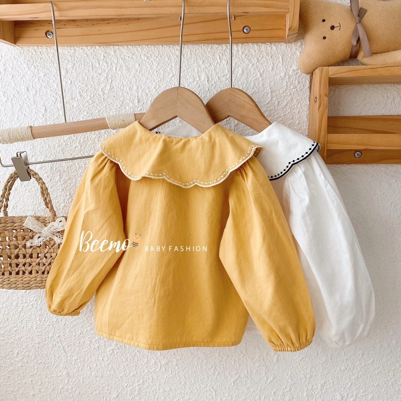 Áo sơ mi dài tay Beemo cổ sen sóng thêu hoa tiểu thư cho bé gái