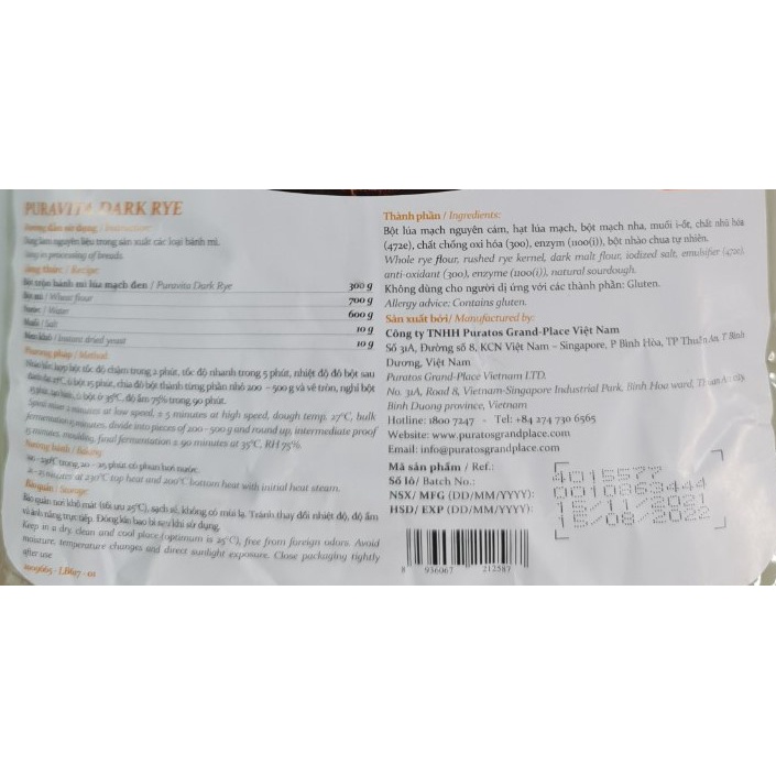 [Túi 1 Kg – DARK RYE] BỘT BÁNH MÌ HẠT LÚA MẠCH ĐEN [VN] PURATOS Bread Flour Puravita (prt-hk5)