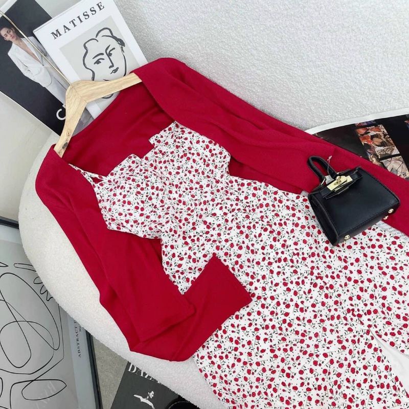 SET ĐẦM MIDI 2 DÂY HOA XẺ NGỰC KÈM KHOÁC CROP