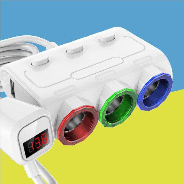 EuroQuality Bộ chia nguồn ô tô 3 Tẩu 12V Modern Tech gọn nhẹ 2 cổng USB 5V