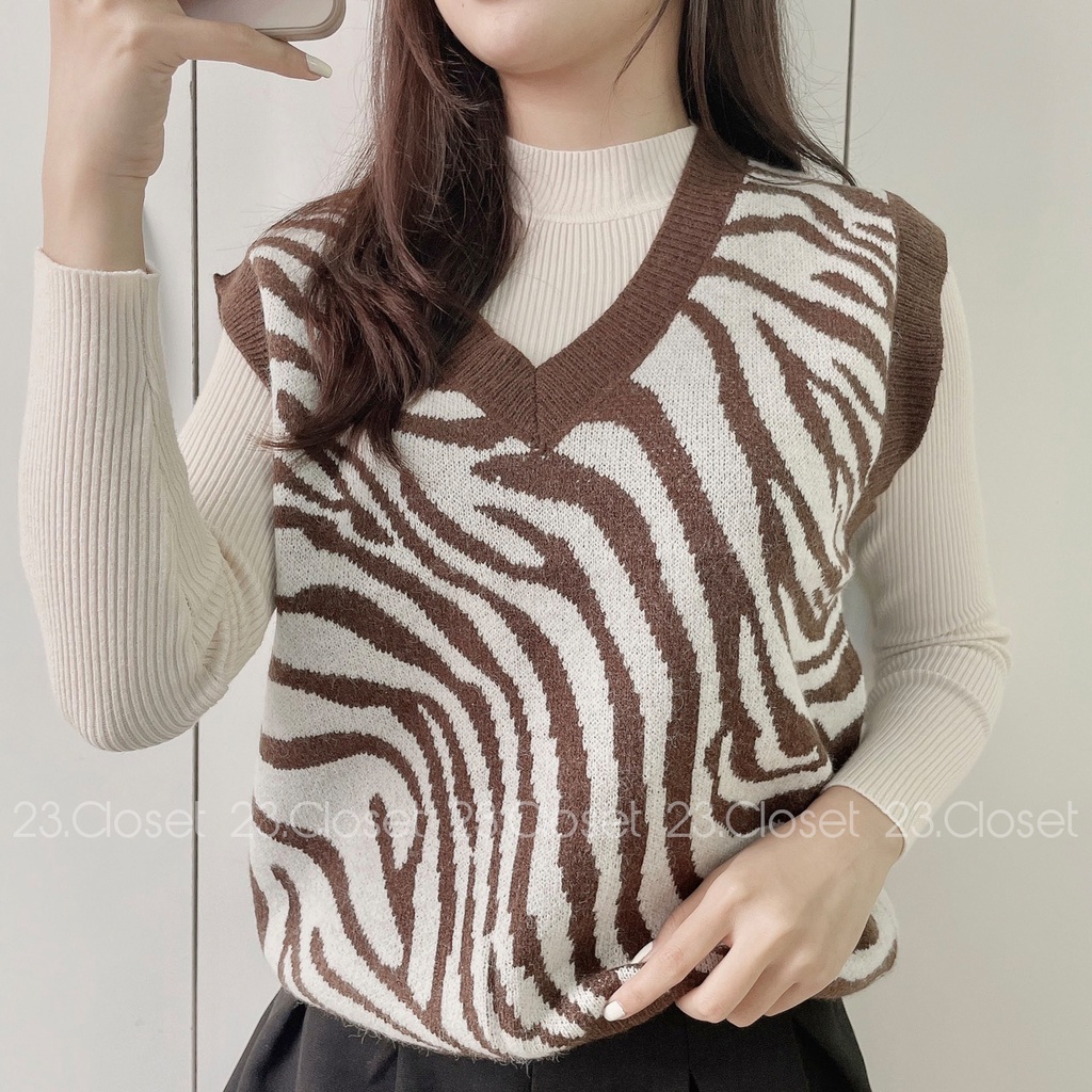 Áo gile len nữ họa tiết vằn cổ tim thu đông phong cách Hàn Quốc, ghi lê len 23 Closet-ALGL02