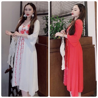 ĐẦM MAXI THÊU HOA CỔ V (KÈM HÌNH THẬT)