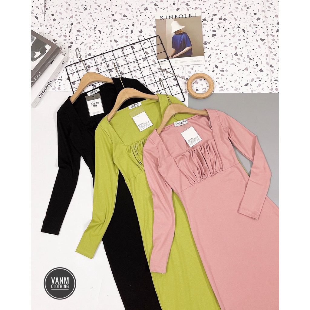 Váy body cổ vuông dúm siêu đẹp