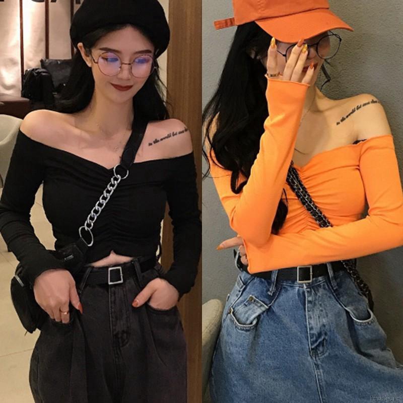 Áo Croptop tay dài thiết kế trễ vai quyến rũ cho nữ