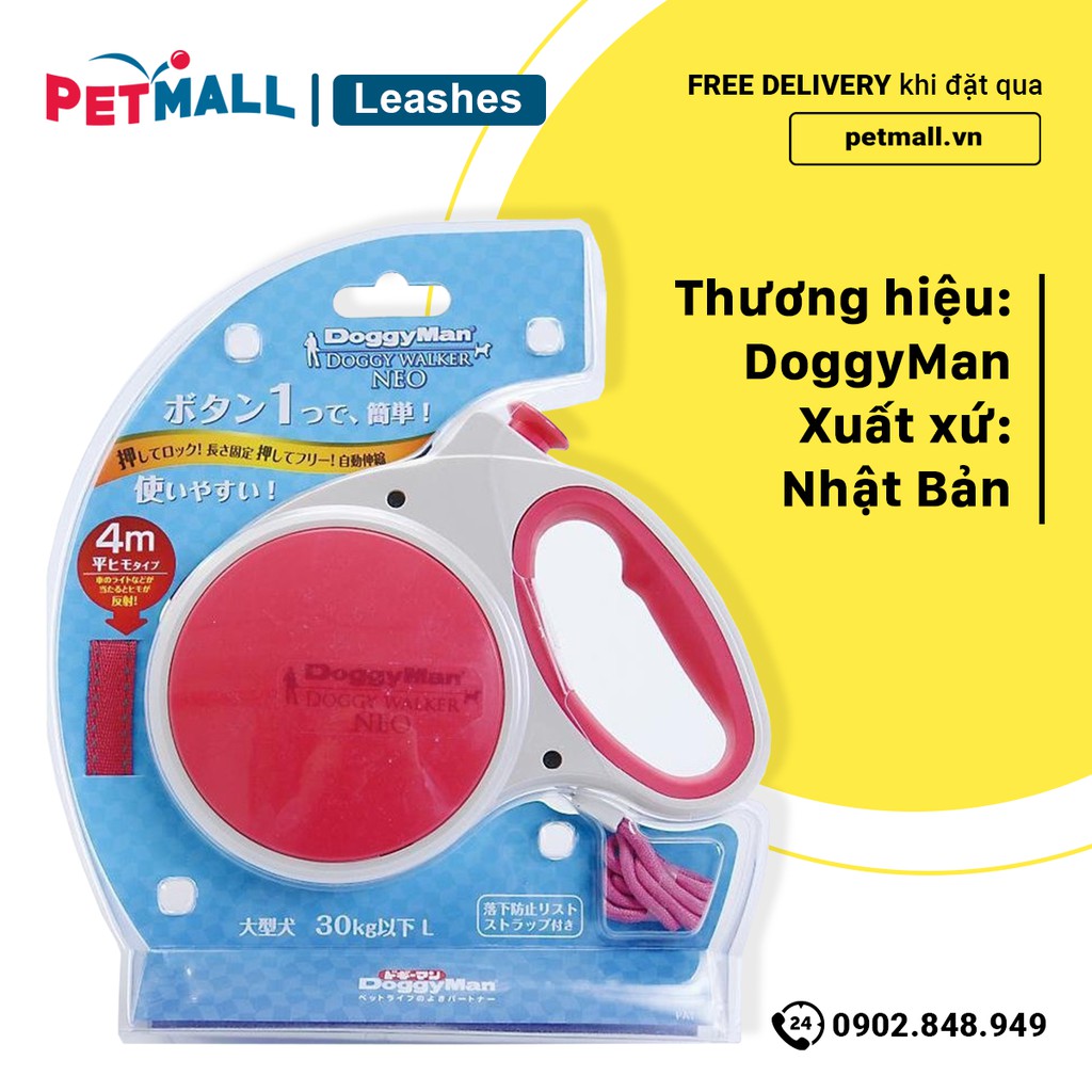 Dây dắt tự động DoggyMan Doggy Walker size L 30kg - Màu hồng