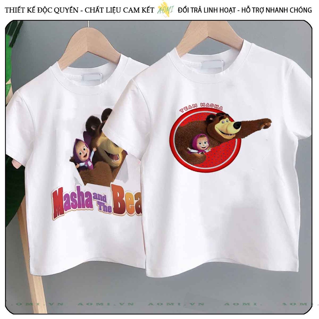 ÁO THUN UNISEX masha and bear gấu nâu PHÔNG TRẮNG TAY NGẮN NAM NỮ GIA ĐÌNH CẶP ĐÔI SIZE TRẺ EM BÉ TRAI GÁI AOMIVN