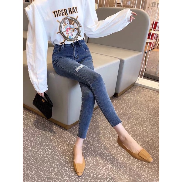 Quần Jean Nữ Topshop Co Giãn Cao Cấp Lưng cao Rách Gối