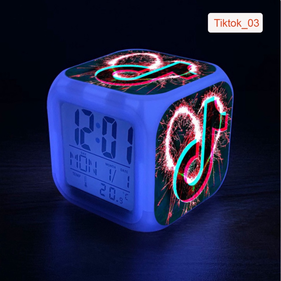 [Cute] Đồng Hồ Báo Thức Để Bàn in Hình Biểu Tượng Tiktok 2021 LED Đổi Màu. Hiển Thị Ngày Tháng, Nhiệt Độ. Tặng 4 Pin AAA