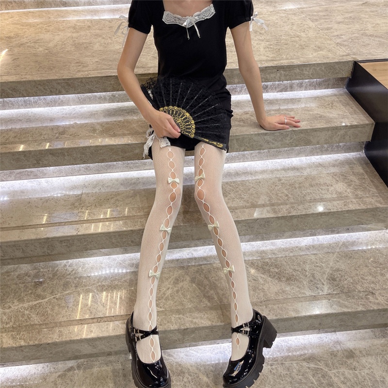 Quần Tất Lưới Phối Nơ Vải Nhung Phong Cách Gothic Nhật Bản Dễ Thương