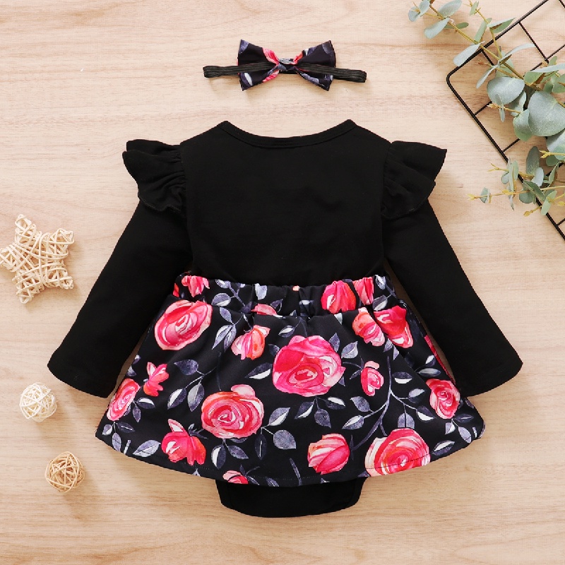 Áo liền quần Mikrdoo tay dài in họa tiết hoa với băng đô dễ thương thời trang dành cho bé gái