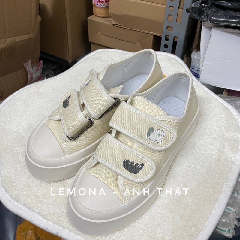 Giày Sneaker Đế Bánh Mì In Gấu Độn Đế Quai Dán Dễ Thương Giày Đi Học