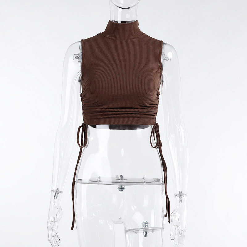 DUNEA COD Women's New Solid Color Round Neck Drawstring Short Vest