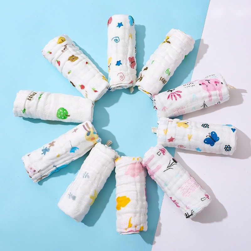 set 5 khăn sữa NHĂN HỌA TIẾT cho bé sơ sinh- khăn sữa 6 lớp cho bé