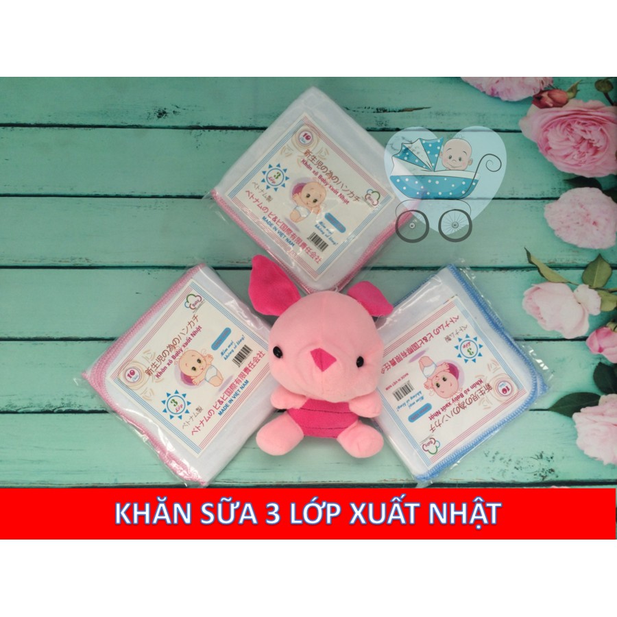 Khăn xô sữa xuất Nhật 3 lớp trắng viền màu túi 10 khăn