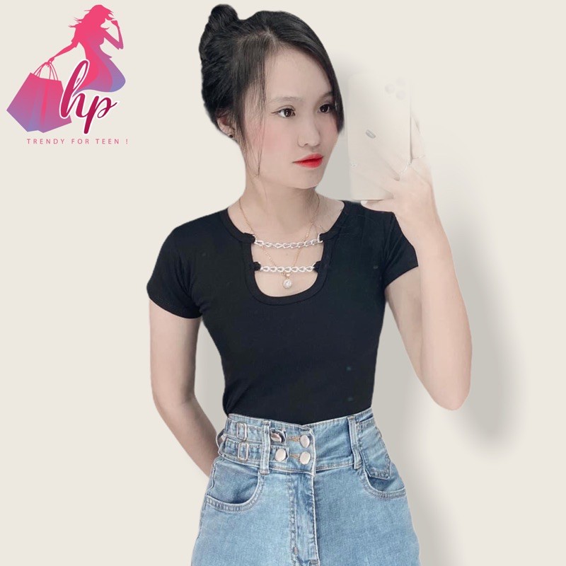Áo croptop thun borip loại 1 cổ kiểu phối dây xích sang chảnh mẫu mới hót thời trang 2020 | BigBuy360 - bigbuy360.vn