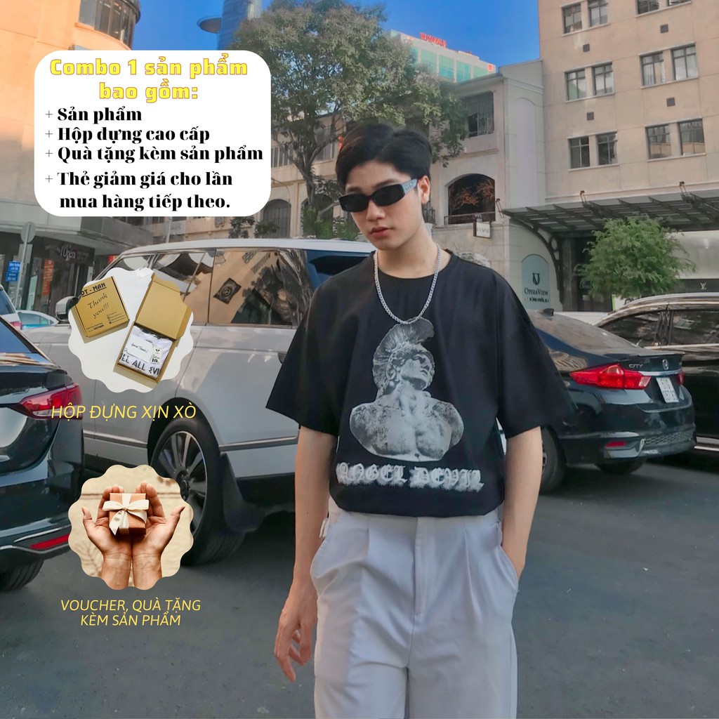 Áo thun tay lỡ Unisex Angel Devil , áo phông nam nữ Form rộng Oversize Cotton hai màu đen trắng