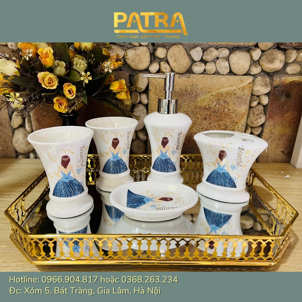 Set nhà tắm 5 món gốm sứ Bát Tràng - Bộ sứ vệ sinh, chai đựng sữa tắm dầu gội cao cấp