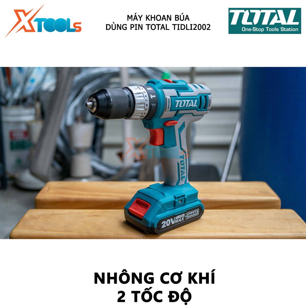 Máy khoan bê tông dùng pin 20V TOTAL TIDLI2002 nhông hai tốc độ, khả năng khoan 0.85- 10mm, đầu khoan khóa tự động, nhôn