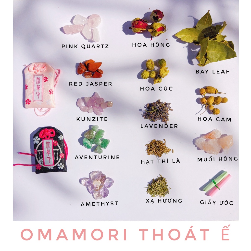 Túi Phước Omamori Thoát Ế Mix Đá, Thảo Mộc, Muối Hồng Himalaya