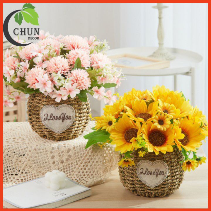 Giỏ hoa lụa vintage nhiều mẫu trang trí bàn, kệ tủ, giá sách, trang trí tường