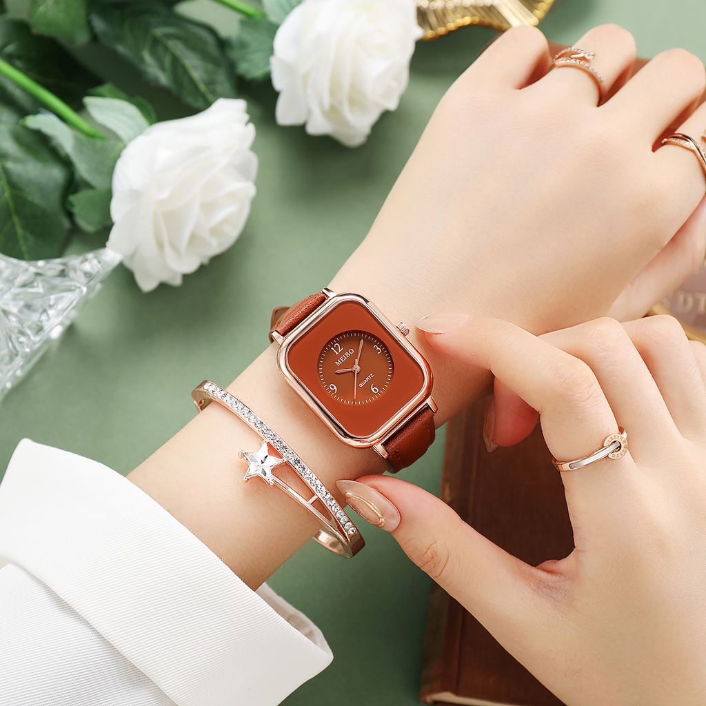 Bộ Đồng Hồ Đeo Tay Dây Da Mặt Chữ Nhật Thời Trang Dành Cho Nữ