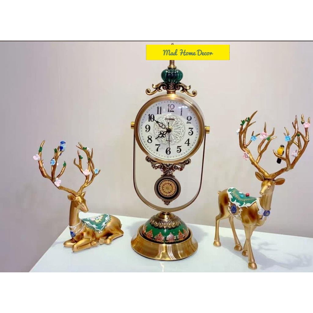 [HÀNG SẴN] Đồng Hồ Trang Trí Decor Hươu Vàng-Cặp hươu vàng và chiếc đồng hồ sang chảnh-Chuyên xuất Châu Âu