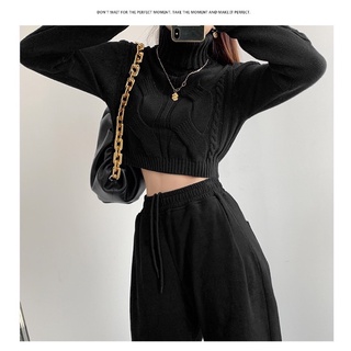 Áo len croptop cao cổ chun eo cá tính {oder}