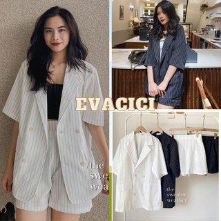 {Evacici- ẢNH THẬT}Set blazer kẻ sọc ngắn tay áo kèm quần cùng màu. Set bộ vest trơn mặc hè siêu chảnh 3 màu hothit