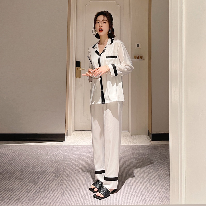 Bộ đồ ngủ tay dài chất liệu lụa mỏng nhẹ màu trơn thời trang mùa xuân xinh xắn cho nữ