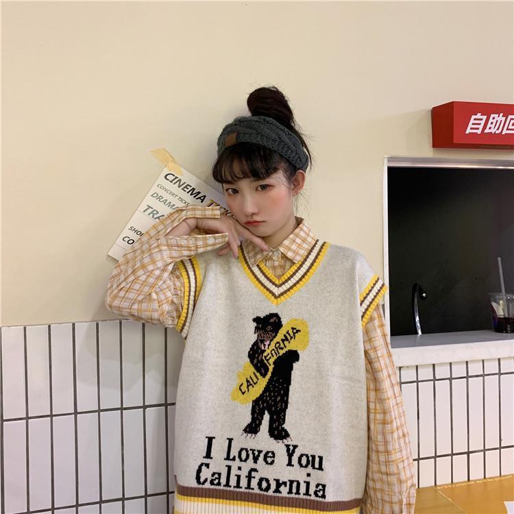 Áo Gile New Girl Student Loose College Knit Pullover V-neck Vest Women