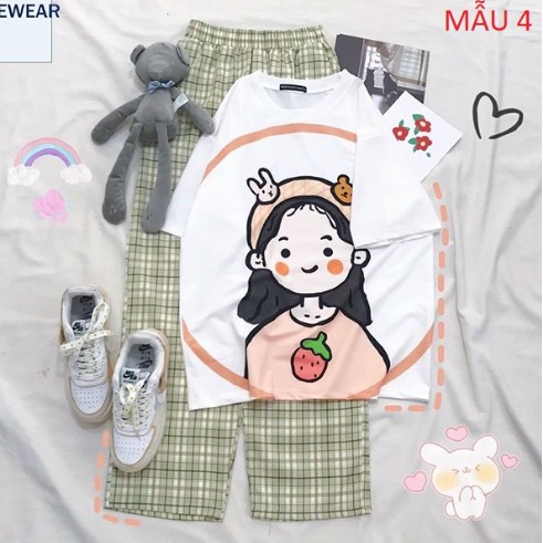 Sét Bộ Áo In Hình Cute Và Quần Kẻ Đẹp Mặc Mùa Hè, Mặc Ở Nhà, Áo Phông Cotton Mát Mịn Phong Cách Hàn Quốc