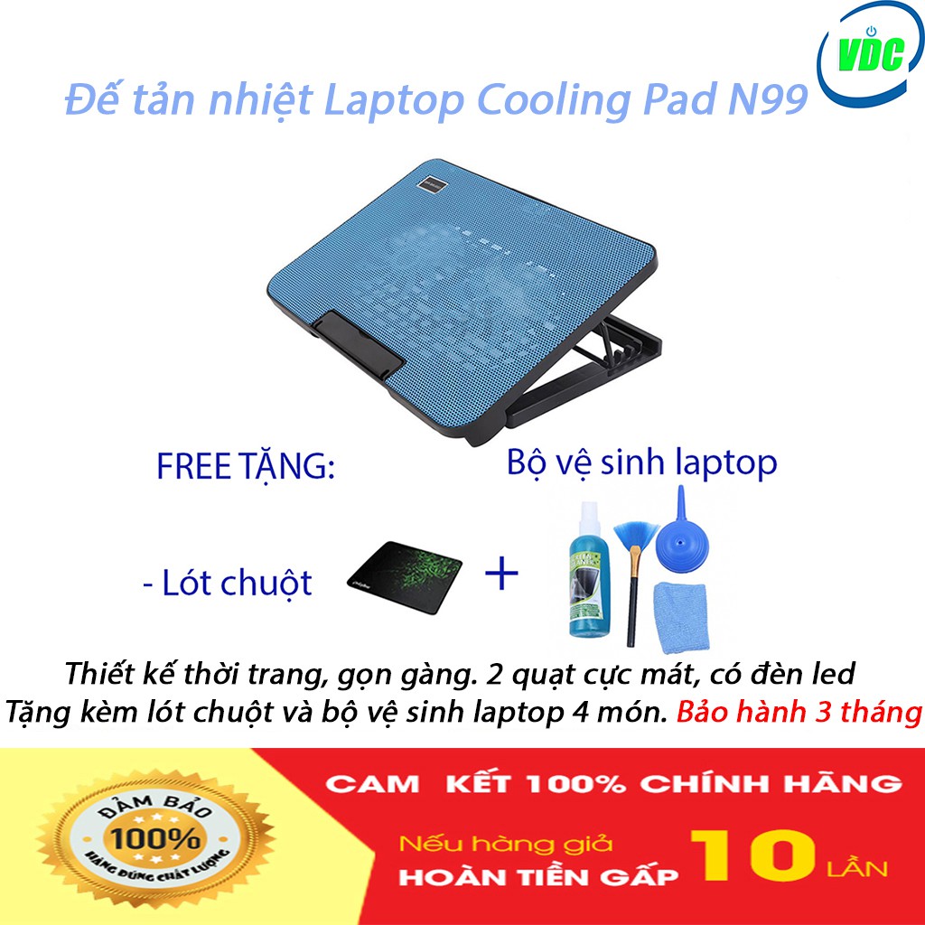 Đế tản nhiệt Laptop Cooling Pad N99 - 2 quạt cực mát, đèn led, đế nâng 45 độ - 17 inch trở xuống - Tặng quà trị giá 50k