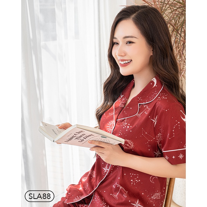 Bộ Pyjama satin ZAM Luxury - SLA88 - áo ngắn tay quần lửng hoạ tiết