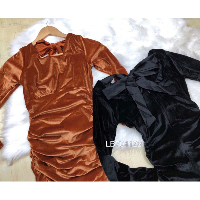 Đầm body nhung nhúng cột nơ lưng tay dài