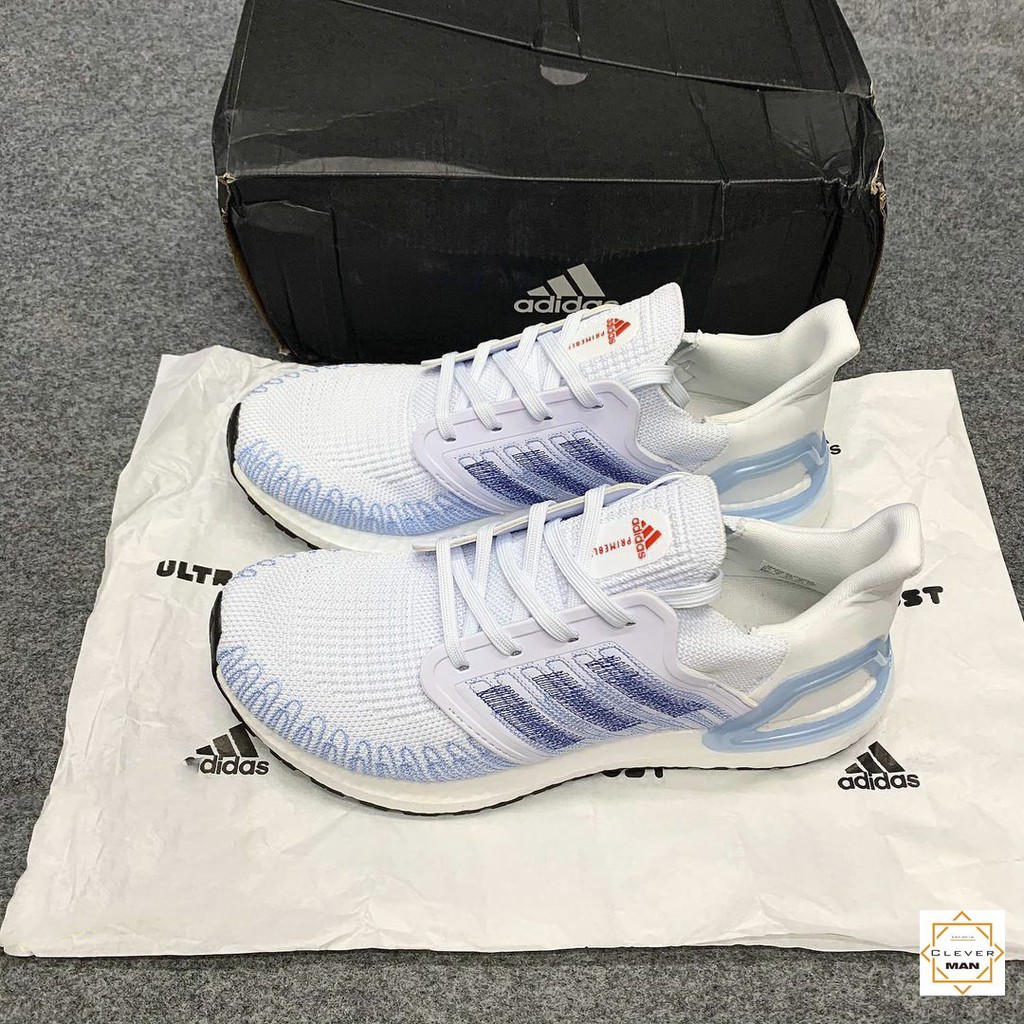 (FREESHIP+QUÀ) Giày thể thao Sneakers ULTRA BOOST 2020 white trắng sọc xanh nhạt Ultra boost 6.0