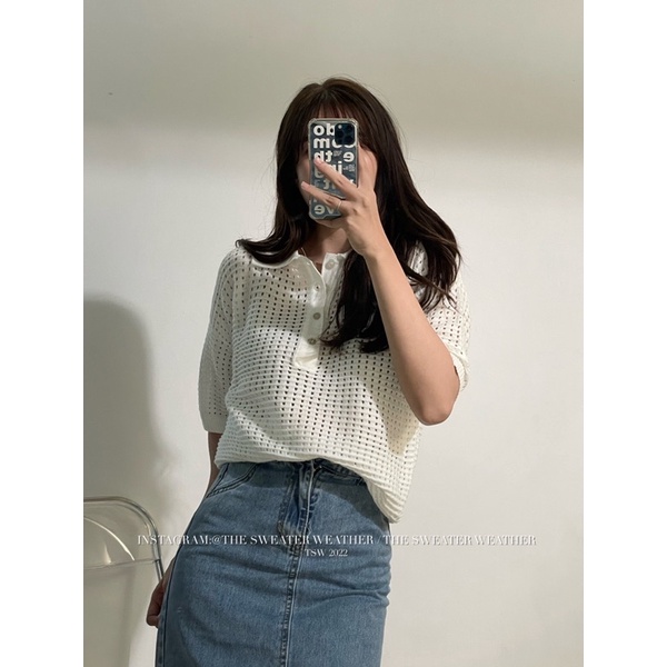 [Mã 155FASHIONSALE giảm 100% đơn 150K] Áo len lưới trắng cổ polo the.sweaterweather TSW (Ảnh thật nha)