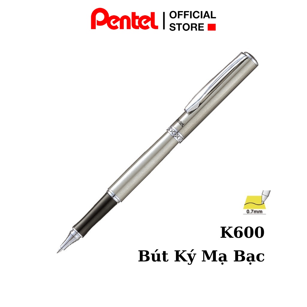 Bút Ký Pentel Cao Cấp K600 Ngòi 0.7mm Mực Xanh | Vò Màu Bạc|Có Ngòi Thay Thế | Mực Mau Khô