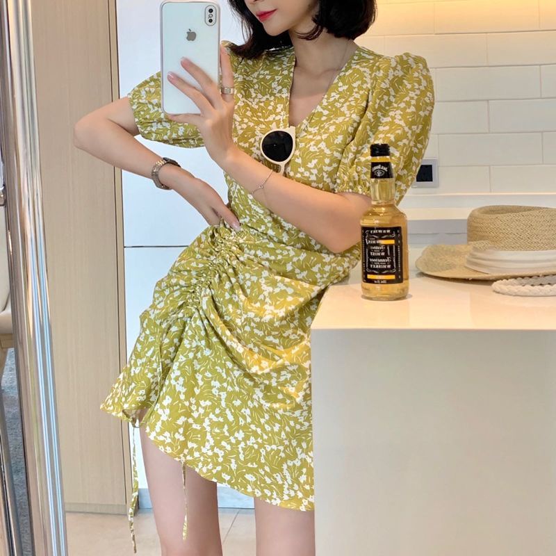 Đầm Hoa Đuôi Cá Cổ Chữ v Dáng Ôm Phối Dây Rút Xếp Ly Thời Trang Mùa Xuân Hàn Quốc Mới